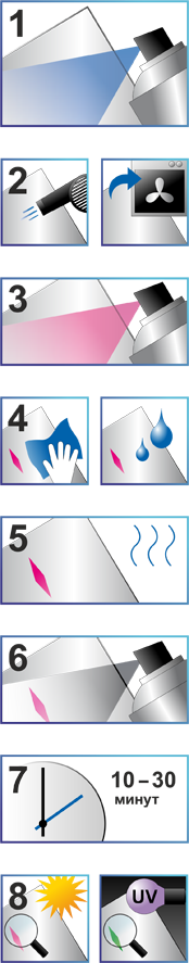 Методика капиллярного контроля с помощью набора: пенетрант Checkmor 300, очиститель S85, проявитель LD9